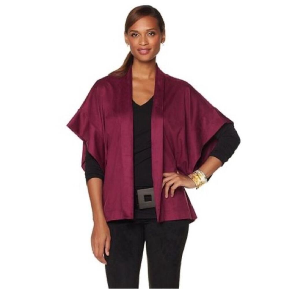 Natori Faux Suede Burgundy Cropped Kimono Half Sleeve Topper Size L